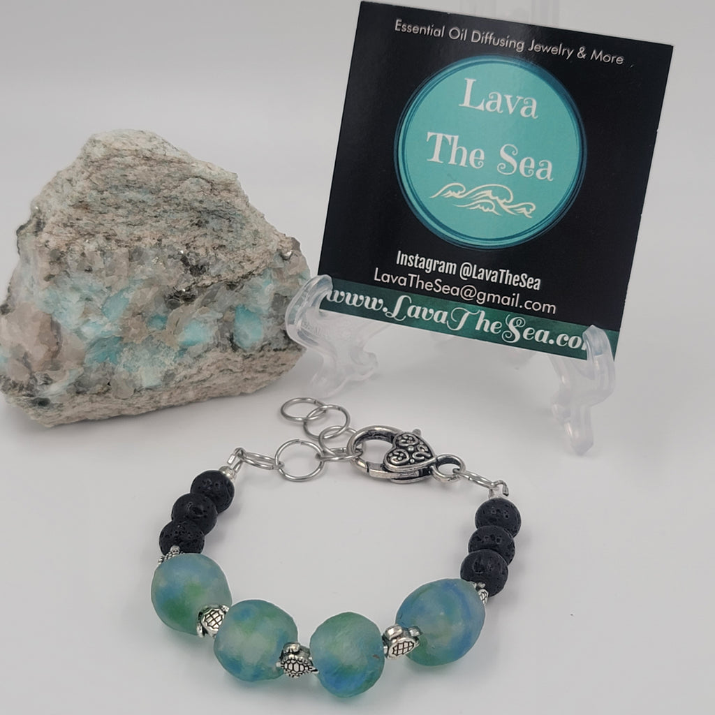 LTS 7 Sea Foam green glass & lava bead bracelet